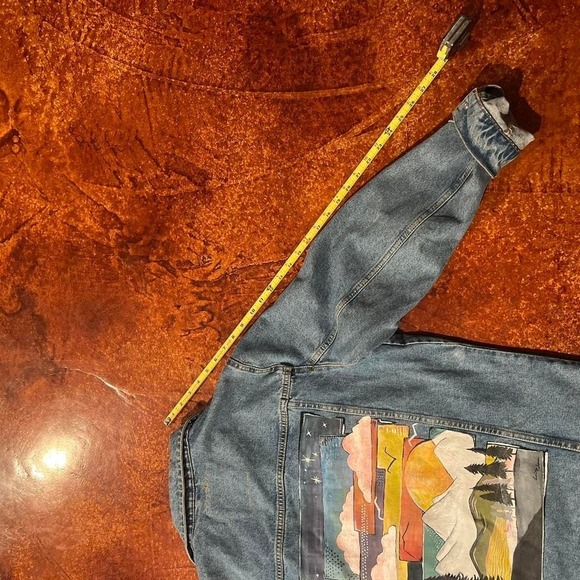 Pull Bear Denim Jacket Hand Painted Mountain Sunset Scene Mens XL - Picture 8 of 8